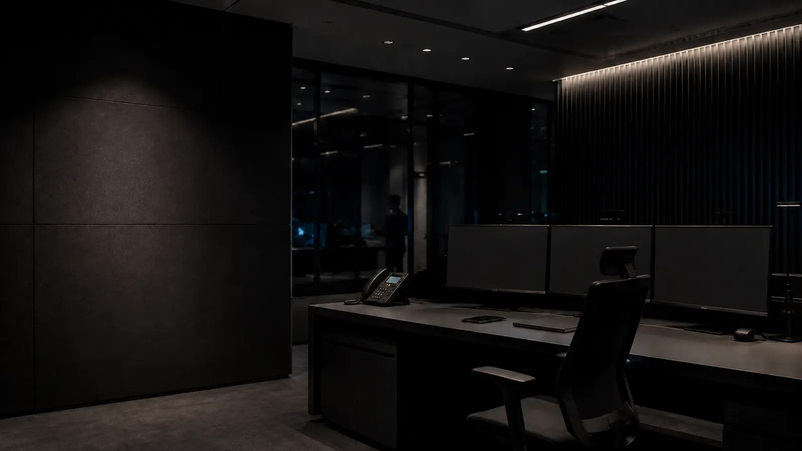 A quiet institutional operations room. Three workstation displays are switched off under low architectural lighting, with one person at a distance beyond a glass partition.