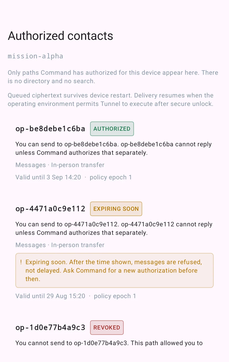 Tunnel Mobile authorized contacts, showing paths in authorized, expiring and revoked states with validity windows and policy epoch.
